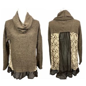 A’reve Sweater Large Brown Lace Detail Back Long Sleeve Cowl Neck Boho Fall